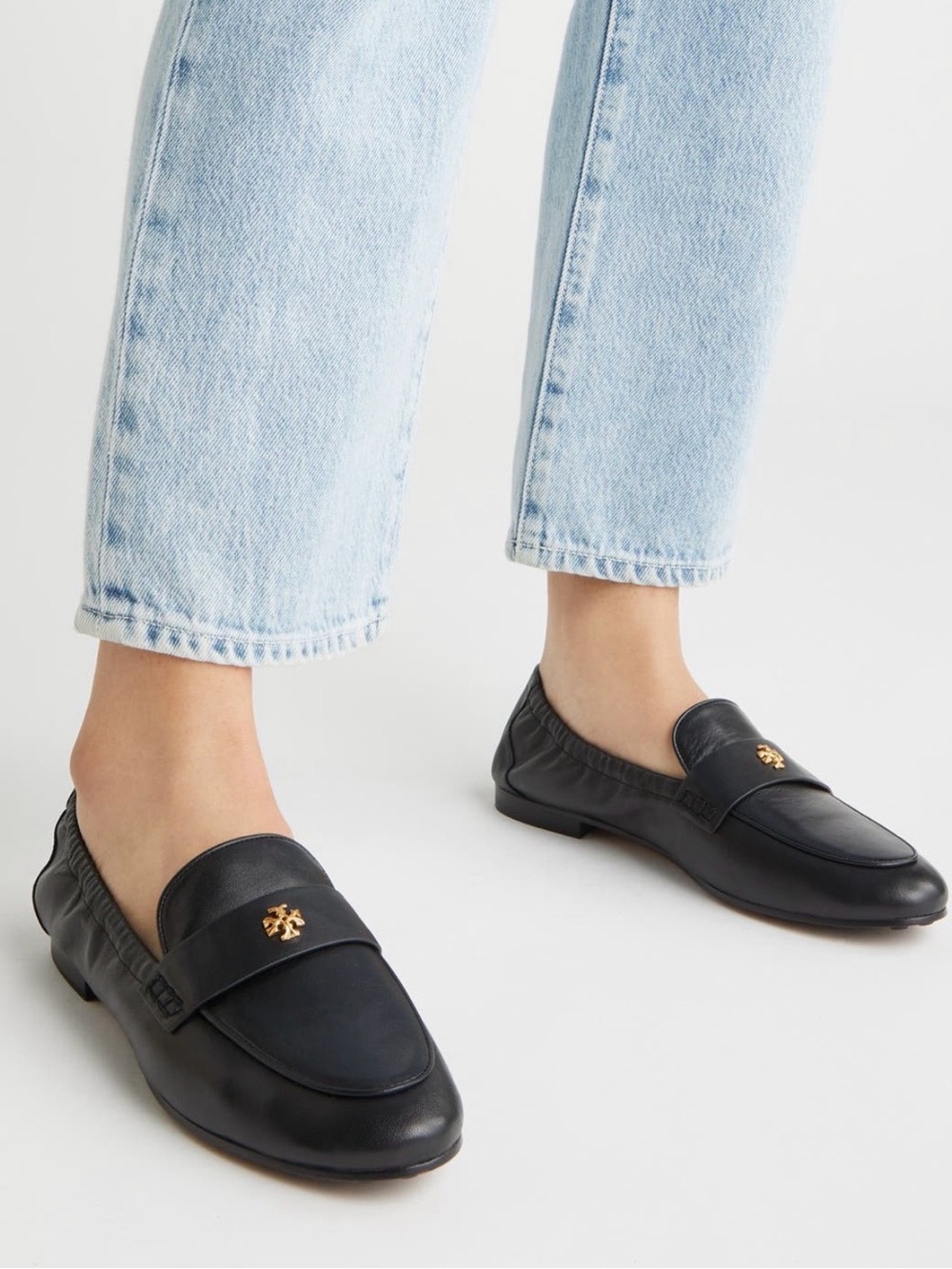 Tory Burch Black Leather Ballet Loafer with Gold Logo